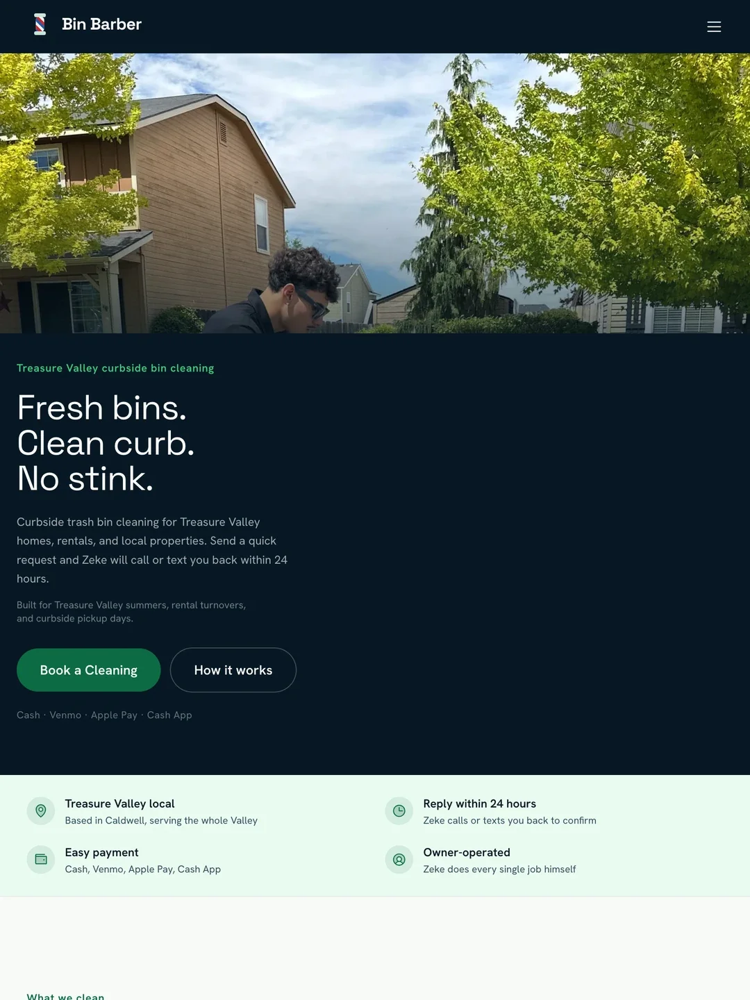 Homepage of the Bin Barber website, a Treasure Valley curbside trash-can cleaning service built by Velora